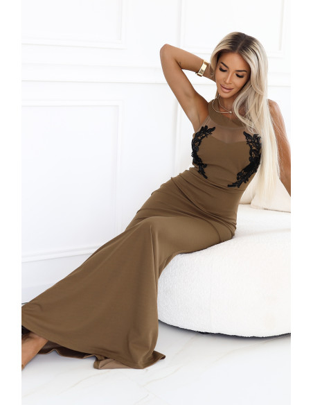 617-1 Ilga undinės suknelė su juodais nėriniais ir tinkleliu - MOCHA MOUSSE   617-1 Ilga undinės suknelė su juodais nėriniais ir tinkleliu - MOCHA MOUSSE