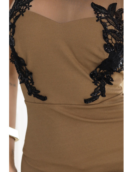 617-1 Ilga undinės suknelė su juodais nėriniais ir tinkleliu - MOCHA MOUSSE   617-1 Ilga undinės suknelė su juodais nėriniais ir tinkleliu - MOCHA MOUSSE