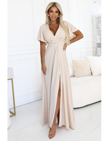 581-6 JENNIFER ilga suknelė su iškirpte ant kojų, rankovėmis ir iškirpte - smėlio spalvos   581-6 JENNIFER ilga suknelė su iškirpte ant kojų, rankovėmis ir iškirpte - smėlio spalvos