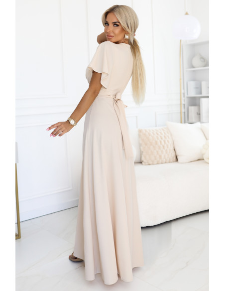 581-6 JENNIFER ilga suknelė su iškirpte ant kojų, rankovėmis ir iškirpte - smėlio spalvos   581-6 JENNIFER ilga suknelė su iškirpte ant kojų, rankovėmis ir iškirpte - smėlio spalvos