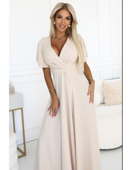 581-6 JENNIFER ilga suknelė su iškirpte ant kojų, rankovėmis ir iškirpte - smėlio spalvos   581-6 JENNIFER ilga suknelė su iškirpte ant kojų, rankovėmis ir iškirpte - smėlio spalvos