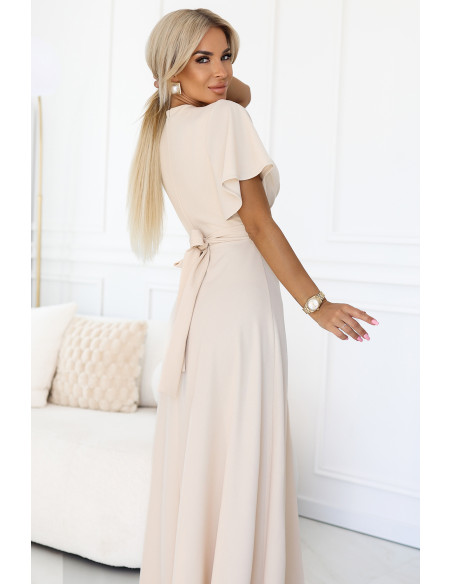 581-6 JENNIFER ilga suknelė su iškirpte ant kojų, rankovėmis ir iškirpte - smėlio spalvos   581-6 JENNIFER ilga suknelė su iškirpte ant kojų, rankovėmis ir iškirpte - smėlio spalvos