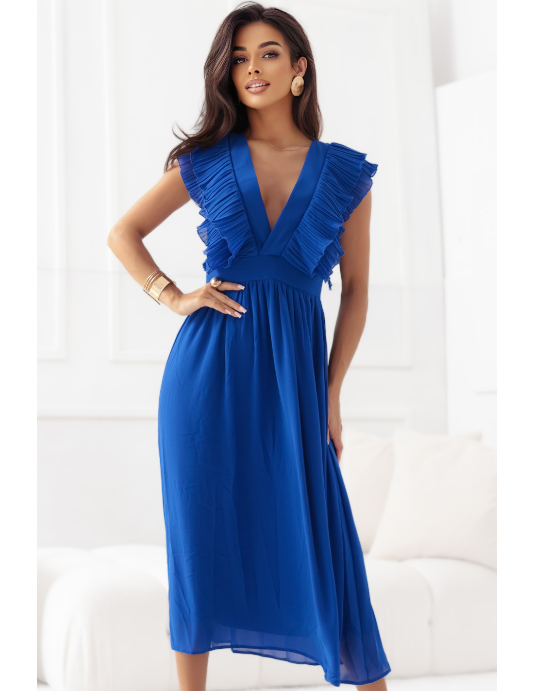 367-3 YANA Midi suknelė su klostuotais raukiniais ir iškirpte - rugiagėlių mėlyna