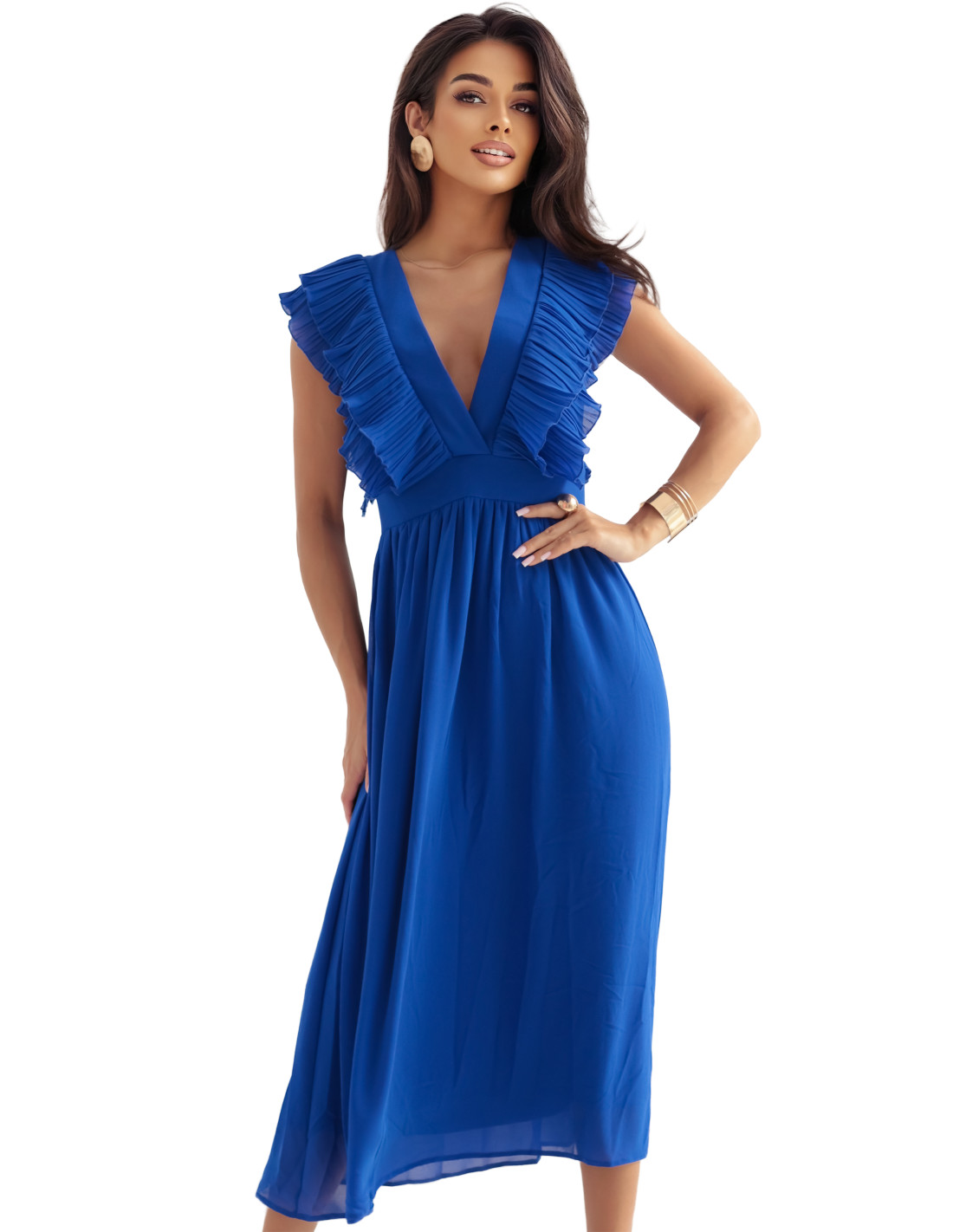 367-3 YANA Midi suknelė su klostuotais raukiniais ir iškirpte - rugiagėlių mėlyna