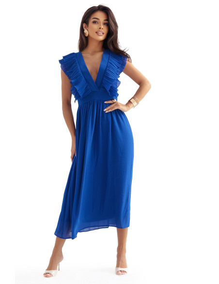 367-3 YANA Midi suknelė su klostuotais raukiniais ir iškirpte - rugiagėlių mėlyna   367-3 YANA Midi suknelė su klostuotais raukiniais ir iškirpte - rugiagėlių mėlyna