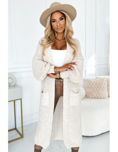  627-1 Kardiganas - ilgas megztinis su kišenėmis - smėlio spalvos 