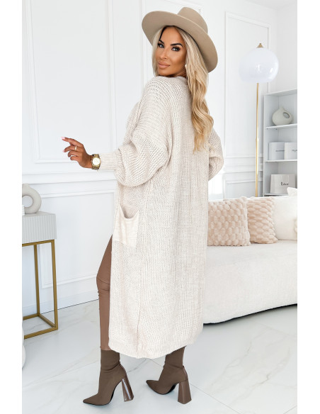  627-1 Kardiganas - ilgas megztinis su kišenėmis - smėlio spalvos 