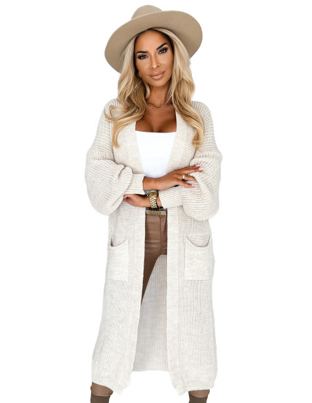  627-1 Kardiganas - ilgas megztinis su kišenėmis - smėlio spalvos 