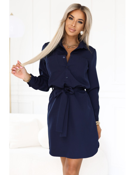 284-4 CAMILLE Marškinių suknelė su kišenėmis ir raiščiais - tamsiai mėlyna   284-4 CAMILLE Marškinių suknelė su kišenėmis ir raiščiais - tamsiai mėlyna