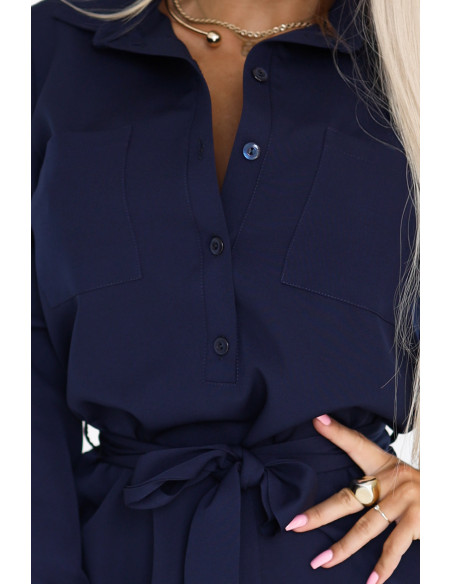 284-4 CAMILLE Marškinių suknelė su kišenėmis ir raiščiais - tamsiai mėlyna   284-4 CAMILLE Marškinių suknelė su kišenėmis ir raiščiais - tamsiai mėlyna