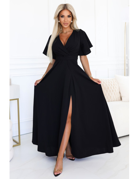  581-7 JENNIFER ilga suknelė su iškirpte ant kojų, rankovėmis ir iškirpte - juoda 