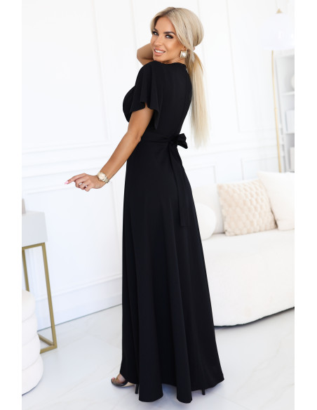  581-7 JENNIFER ilga suknelė su iškirpte ant kojų, rankovėmis ir iškirpte - juoda 