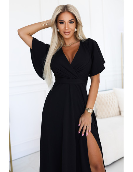  581-7 JENNIFER ilga suknelė su iškirpte ant kojų, rankovėmis ir iškirpte - juoda 