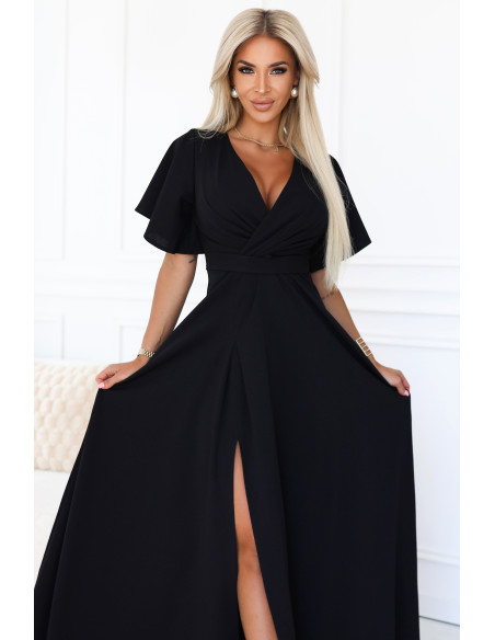  581-7 JENNIFER ilga suknelė su iškirpte ant kojų, rankovėmis ir iškirpte - juoda 