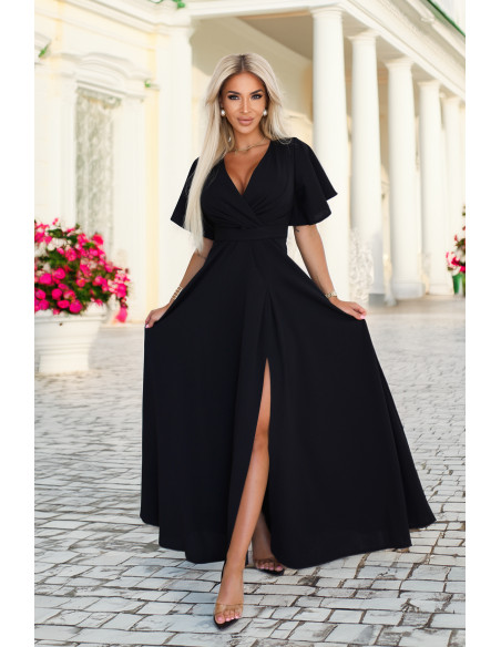  581-7 JENNIFER ilga suknelė su iškirpte ant kojų, rankovėmis ir iškirpte - juoda 