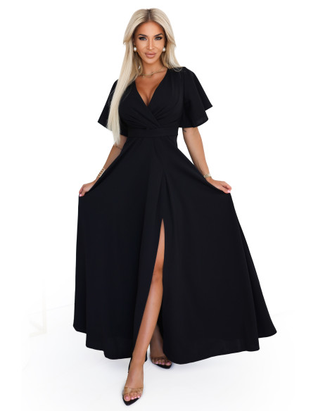  581-7 JENNIFER ilga suknelė su iškirpte ant kojų, rankovėmis ir iškirpte - juoda 