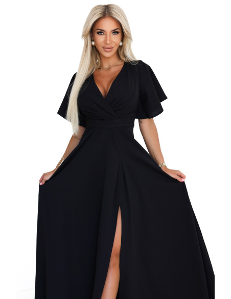  581-7 JENNIFER ilga suknelė su iškirpte ant kojų, rankovėmis ir iškirpte - juoda 