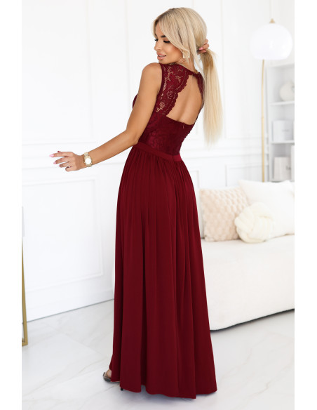 211-8 LEA ilga suknelė su nėriniuota iškirpte ir prakirpimu ant kojų - bordo spalvos   211-8 LEA ilga suknelė su nėriniuota iškirpte ir prakirpimu ant kojų - bordo spalvos