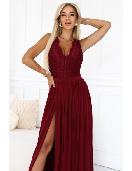 211-8 LEA ilga suknelė su nėriniuota iškirpte ir prakirpimu ant kojų - bordo spalvos   211-8 LEA ilga suknelė su nėriniuota iškirpte ir prakirpimu ant kojų - bordo spalvos