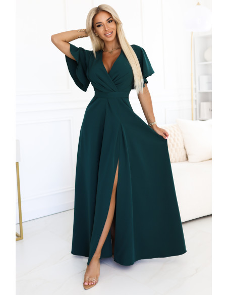 581-8 JENNIFER ilga suknelė su iškirpte ant kojų, rankovėmis ir iškirpte - butelio žalios spalvos   581-8 JENNIFER ilga suknelė su iškirpte ant kojų, rankovėmis ir iškirpte - butelio žalios spalvos