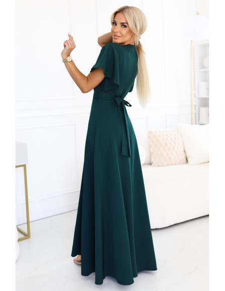 581-8 JENNIFER ilga suknelė su iškirpte ant kojų, rankovėmis ir iškirpte - butelio žalios spalvos   581-8 JENNIFER ilga suknelė su iškirpte ant kojų, rankovėmis ir iškirpte - butelio žalios spalvos