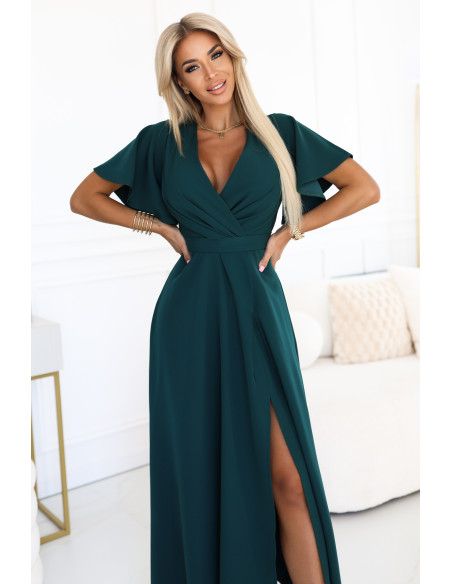 581-8 JENNIFER ilga suknelė su iškirpte ant kojų, rankovėmis ir iškirpte - butelio žalios spalvos   581-8 JENNIFER ilga suknelė su iškirpte ant kojų, rankovėmis ir iškirpte - butelio žalios spalvos