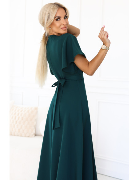 581-8 JENNIFER ilga suknelė su iškirpte ant kojų, rankovėmis ir iškirpte - butelio žalios spalvos   581-8 JENNIFER ilga suknelė su iškirpte ant kojų, rankovėmis ir iškirpte - butelio žalios spalvos