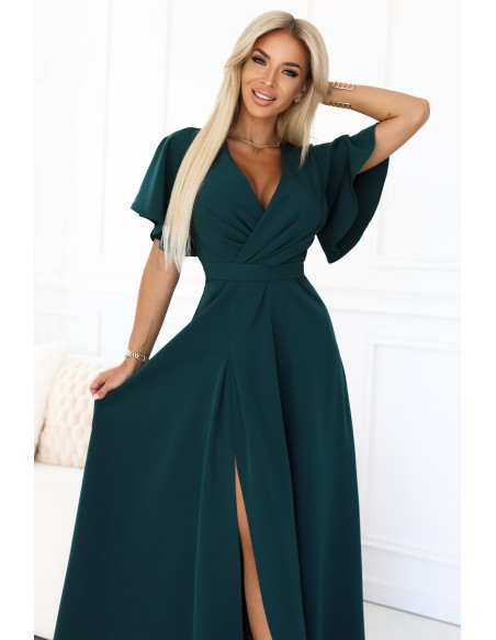 581-8 JENNIFER ilga suknelė su iškirpte ant kojų, rankovėmis ir iškirpte - butelio žalios spalvos   581-8 JENNIFER ilga suknelė su iškirpte ant kojų, rankovėmis ir iškirpte - butelio žalios spalvos