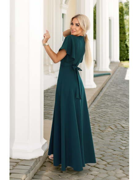 581-8 JENNIFER ilga suknelė su iškirpte ant kojų, rankovėmis ir iškirpte - butelio žalios spalvos   581-8 JENNIFER ilga suknelė su iškirpte ant kojų, rankovėmis ir iškirpte - butelio žalios spalvos