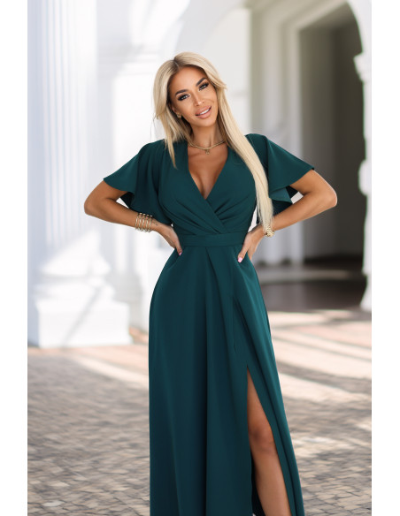 581-8 JENNIFER ilga suknelė su iškirpte ant kojų, rankovėmis ir iškirpte - butelio žalios spalvos   581-8 JENNIFER ilga suknelė su iškirpte ant kojų, rankovėmis ir iškirpte - butelio žalios spalvos