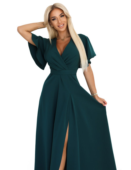 581-8 JENNIFER ilga suknelė su iškirpte ant kojų, rankovėmis ir iškirpte - butelio žalios spalvos   581-8 JENNIFER ilga suknelė su iškirpte ant kojų, rankovėmis ir iškirpte - butelio žalios spalvos