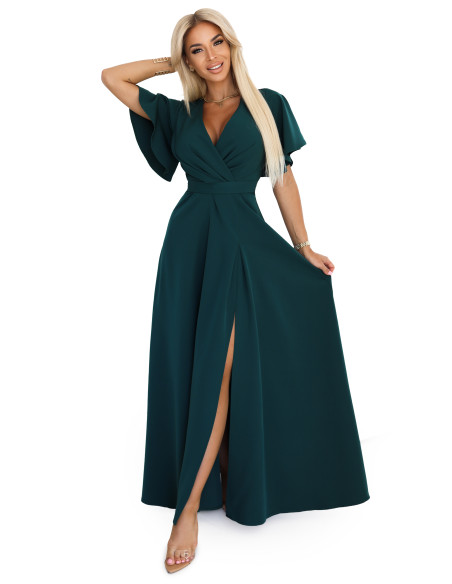 581-8 JENNIFER ilga suknelė su iškirpte ant kojų, rankovėmis ir iškirpte - butelio žalios spalvos   581-8 JENNIFER ilga suknelė su iškirpte ant kojų, rankovėmis ir iškirpte - butelio žalios spalvos