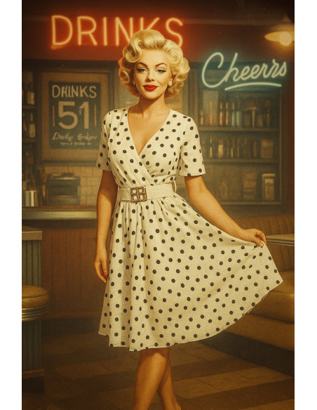 604-2 Jausminga juoda taškuota suknelė su apnuoginta iškirpte ir dekoratyviniu diržu - balta   604-2 Jausminga juoda taškuota suknelė su apnuoginta iškirpte ir dekoratyviniu diržu - balta