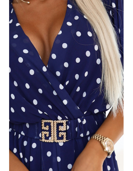 604-4 Jausminga suknelė su baltais taškeliais, apnuoginta iškirpte ir dekoratyviniu dirželiu - tamsiai mėlyna   604-4 Jausminga suknelė su baltais taškeliais, apnuoginta iškirpte ir dekoratyviniu dirželiu - tamsiai mėlyna