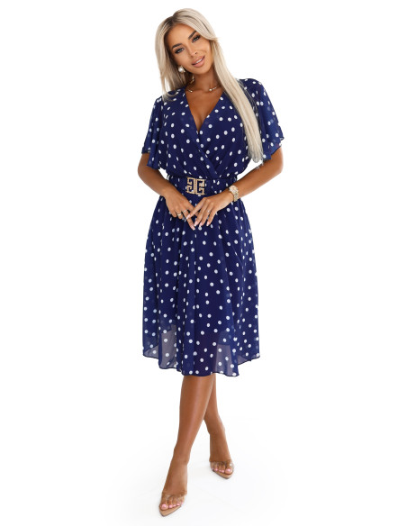 604-4 Jausminga suknelė su baltais taškeliais, apnuoginta iškirpte ir dekoratyviniu dirželiu - tamsiai mėlyna   604-4 Jausminga suknelė su baltais taškeliais, apnuoginta iškirpte ir dekoratyviniu dirželiu - tamsiai mėlyna