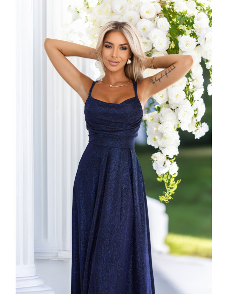 589-2 Ilga suknelė su subtiliu blizgesiu ir korseto užsegimu nugaroje - tamsiai mėlyna su blizgučiais   589-2 Ilga suknelė su subtiliu blizgesiu ir korseto užsegimu nugaroje - tamsiai mėlyna su blizgučiais