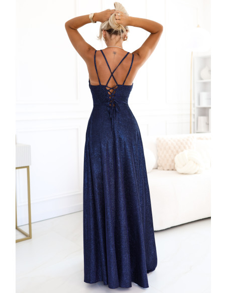 589-2 Ilga suknelė su subtiliu blizgesiu ir korseto užsegimu nugaroje - tamsiai mėlyna su blizgučiais   589-2 Ilga suknelė su subtiliu blizgesiu ir korseto užsegimu nugaroje - tamsiai mėlyna su blizgučiais