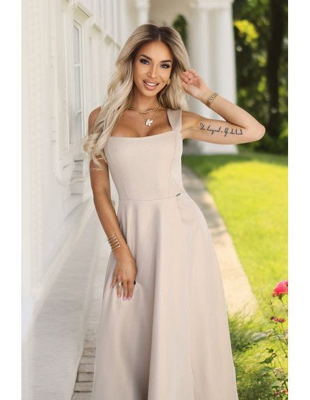 633-1 AURELIA ilga suknelė su prakirpimu ir deimantine iškirpte - smėlio spalvos su blizgučiais   633-1 AURELIA ilga suknelė su prakirpimu ir deimantine iškirpte - smėlio spalvos su blizgučiais