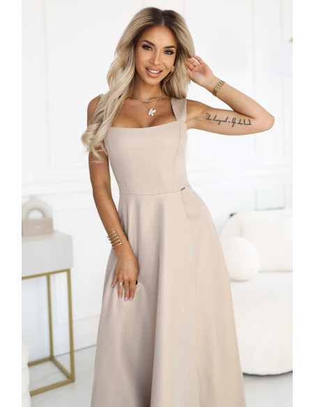 633-1 AURELIA ilga suknelė su prakirpimu ir deimantine iškirpte - smėlio spalvos su blizgučiais   633-1 AURELIA ilga suknelė su prakirpimu ir deimantine iškirpte - smėlio spalvos su blizgučiais
