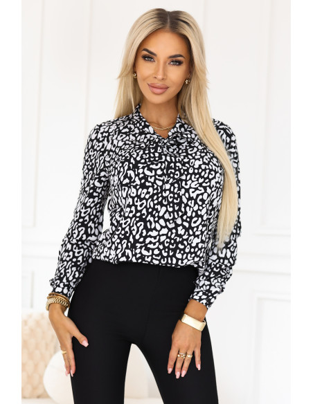 140-28 Verslo palaidinė ilgomis rankovėmis su kaklaraiščiu priekyje - juodai baltas raštas   140-28 Verslo palaidinė ilgomis rankovėmis su kaklaraiščiu priekyje - juodai baltas raštas