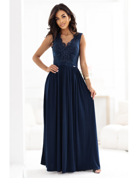  215-6 LEA ilga elegantiška maxi suknelė su nėriniuota viršutine dalimi ir prakirpimu ant kojos - tamsiai mėlyna 