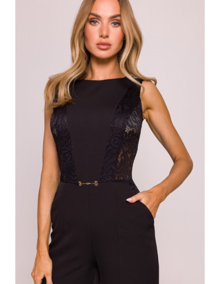 M866 Kombinezonas su nėrinių intarpais - juodas