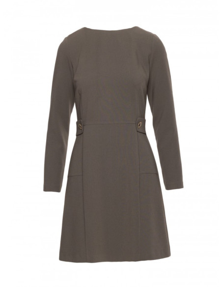 S419 Suknelė su dekoratyvinėmis sagomis ties juosmeniu - chaki spalvos