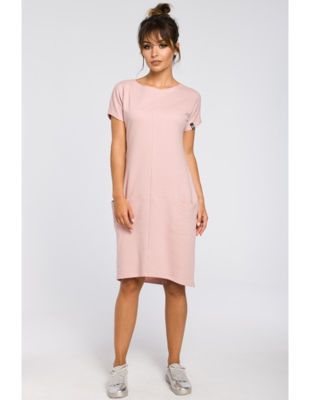 B050 Laisva midi suknelė su kišenėmis - pudros mėlyna