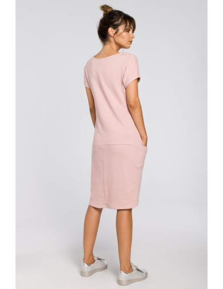 B050 Laisva midi suknelė su kišenėmis - pudros mėlyna