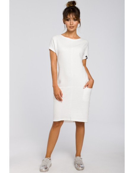 B050 Laisva midi suknelė su kišenėmis - ecru spalvos