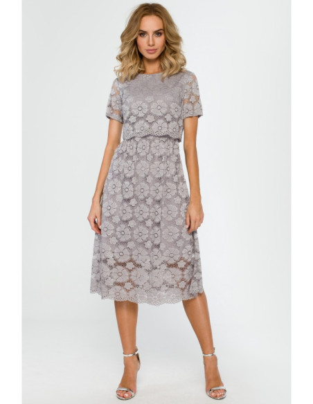 M405 Nėriniuota midi suknelė - pilka