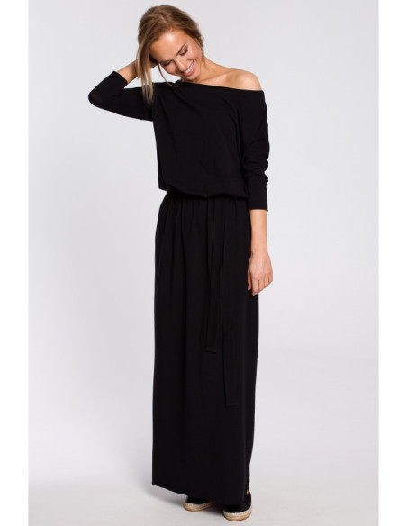 M435 Medvilninė maksi suknelė su diržu - juoda