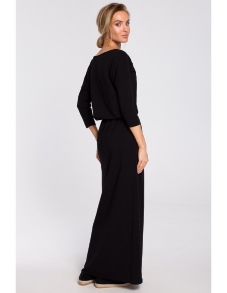 M435 Medvilninė maksi suknelė su diržu - juoda