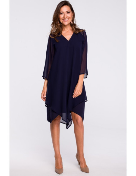 S159 Šifoninė suknelė su asimetriška apačia - tamsiai mėlyna